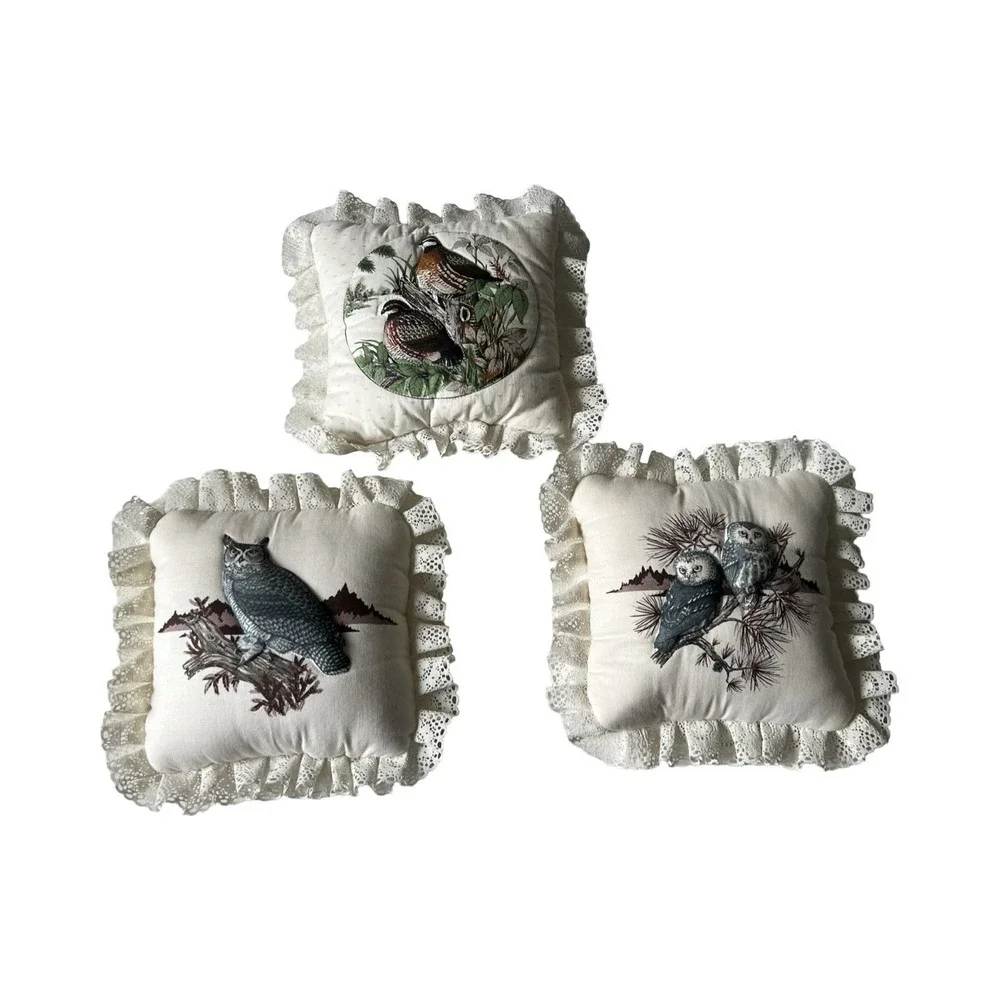 Vintage Bird Owl Quail‎ Decorative Throw Pillows Lace Trim Set of 3 Cottagecore